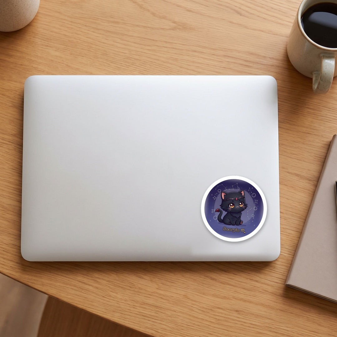Zodiac Scorpio Cat vinyl sticker on a laptop lid – Designs by Mysh