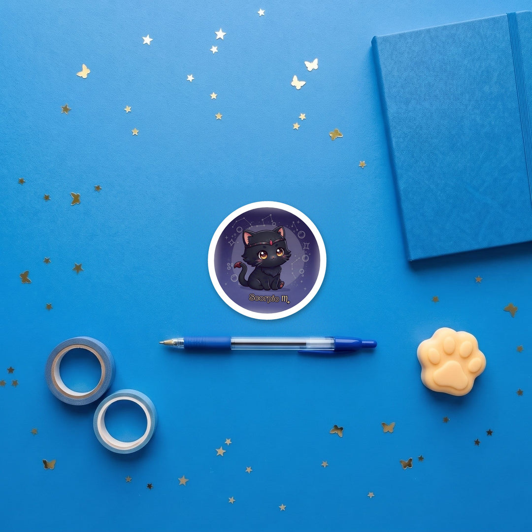 Zodiac Scorpio Cat 3 inch sticker flat lay with blue and yellow stationery – Designs by Mysh