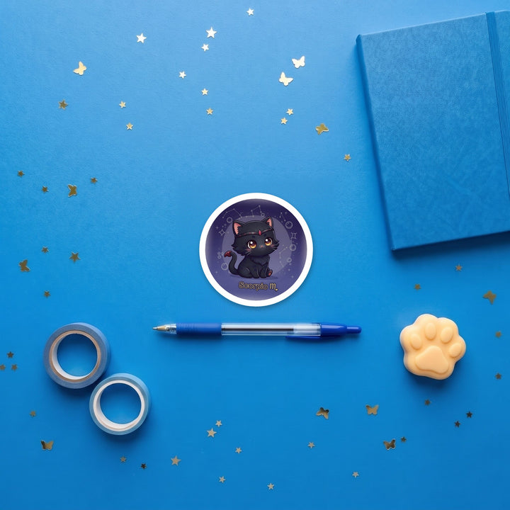 Zodiac Scorpio Cat 3 inch sticker flat lay with blue and yellow stationery – Designs by Mysh