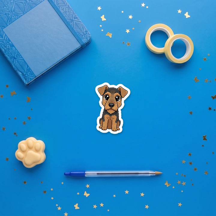 Airedale Terrier Grizzle and Tan kawaii 3 inch sticker flat lay with blue and yellow stationery – Designs by Mysh