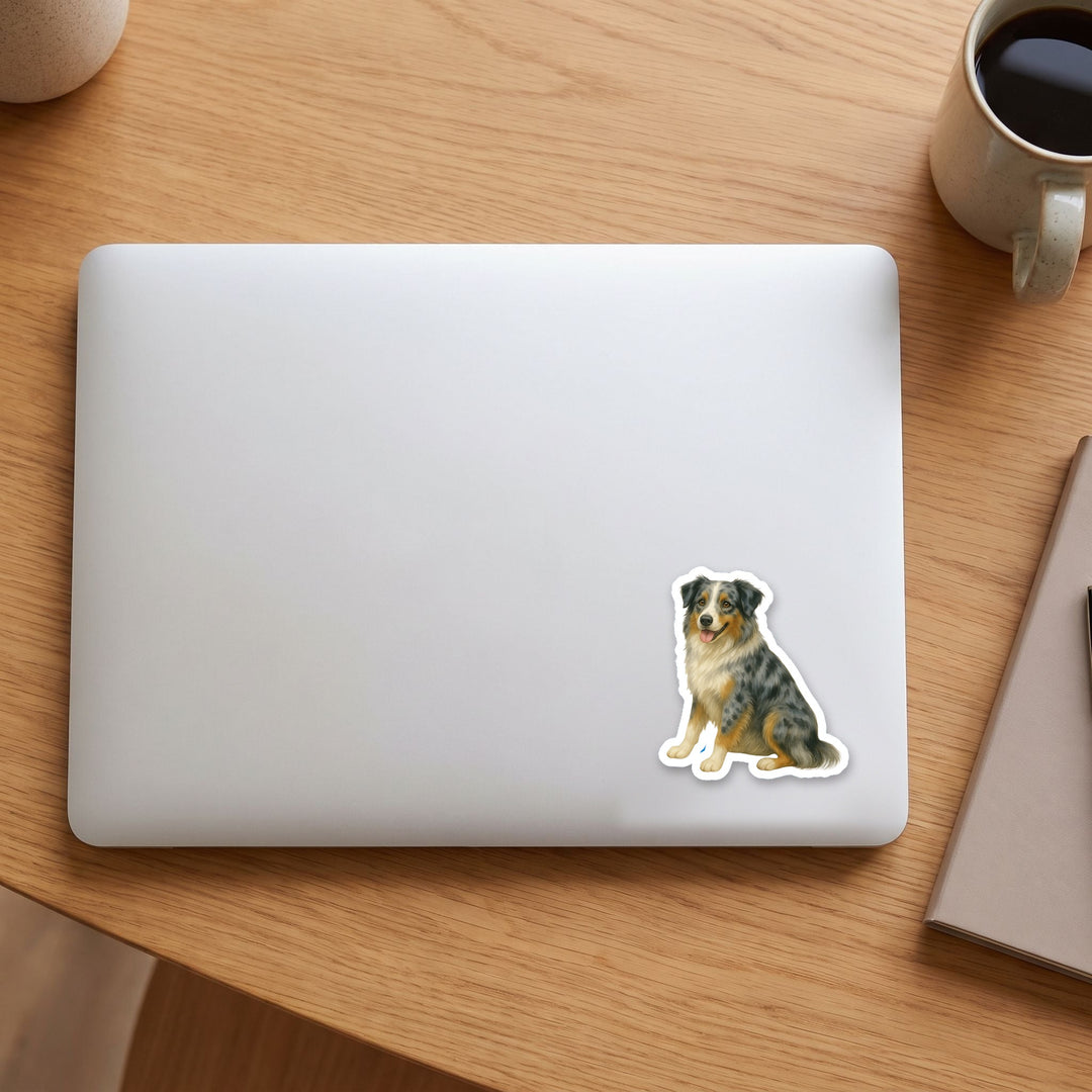 Australian Shepherd Blue Merle watercolor vinyl sticker on a laptop lid – Designs by Mysh