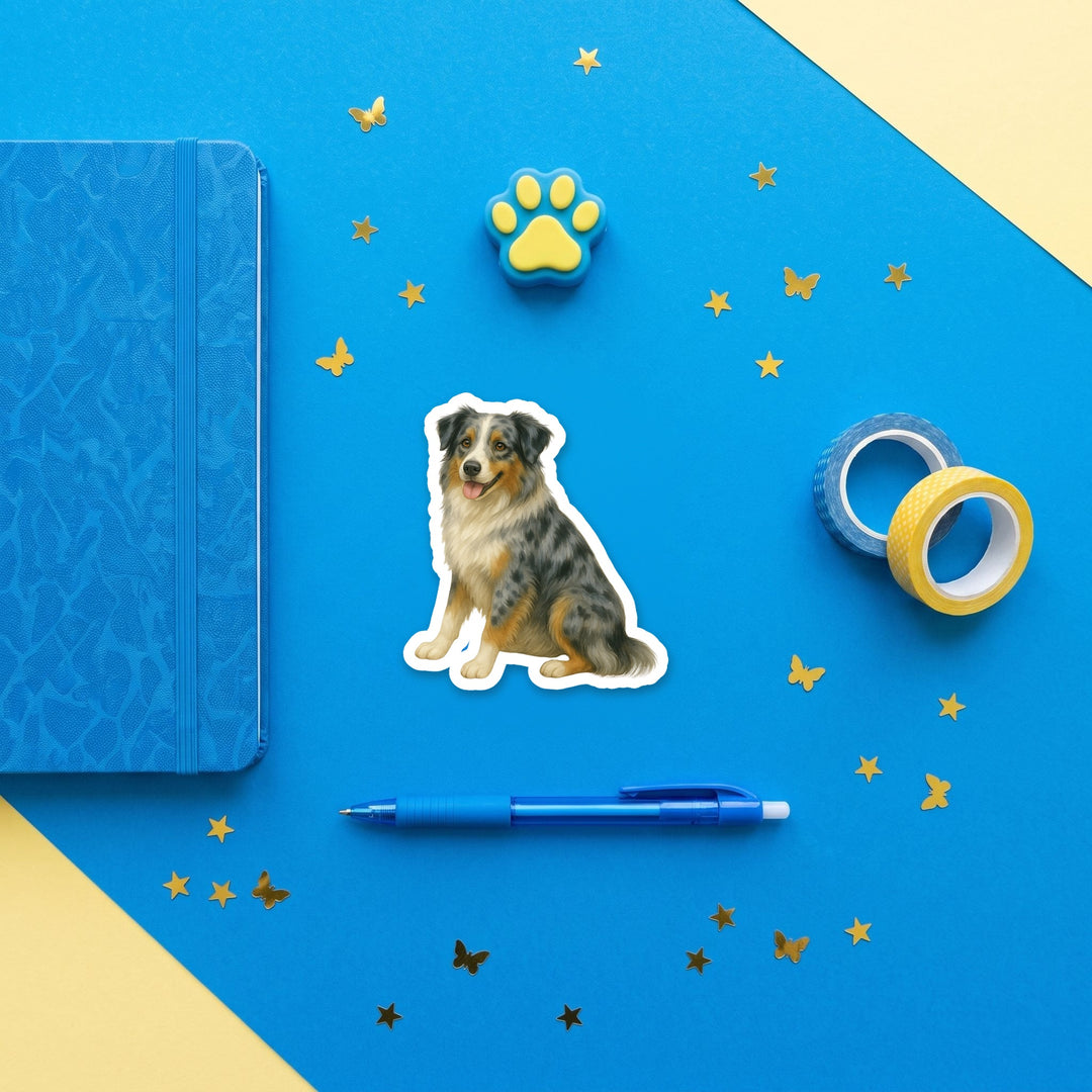 Australian Shepherd Blue Merle watercolor 3 inch sticker flat lay with blue and yellow stationery – Designs by Mysh