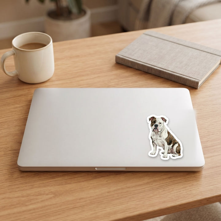 American Bulldog White and Brindle watercolor vinyl sticker on a laptop lid – Designs by Mysh