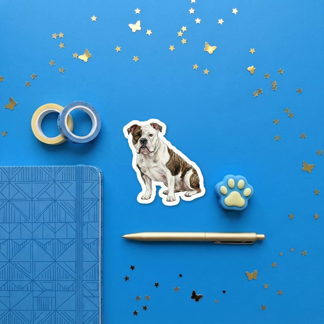 American Bulldog White and Brindle watercolor 3 inch sticker flat lay with blue and yellow stationery – Designs by Mysh