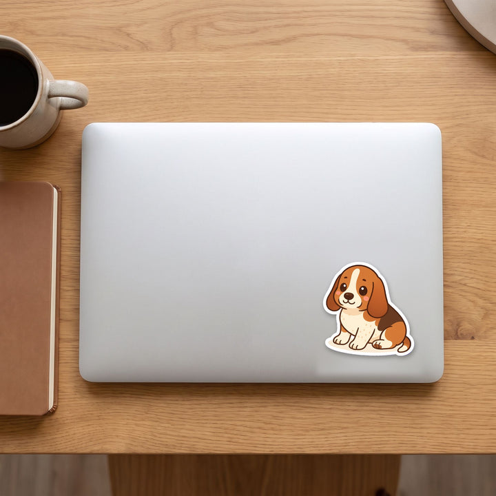Basset Hound Mahogany and White kawaii vinyl sticker on a laptop lid – Designs by Mysh