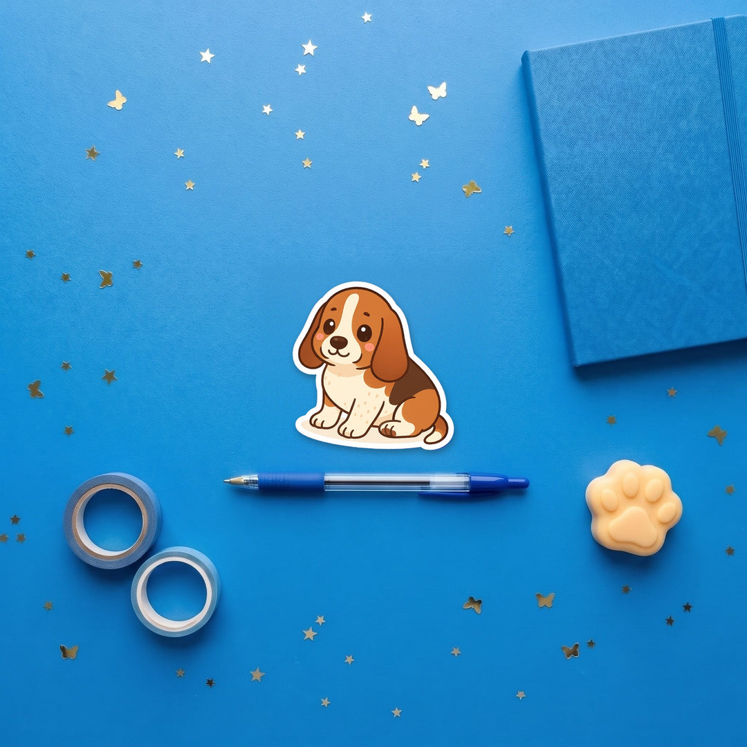 Basset Hound Mahogany and White kawaii 3 inch sticker flat lay with blue and yellow stationery – Designs by Mysh