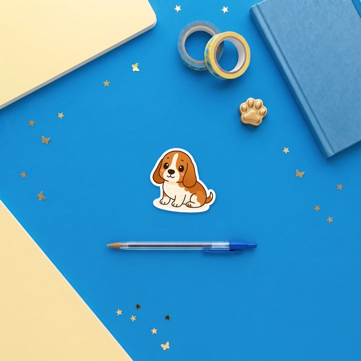 Basset Hound Red and White kawaii 3 inch sticker flat lay with blue and yellow stationery – Designs by Mysh