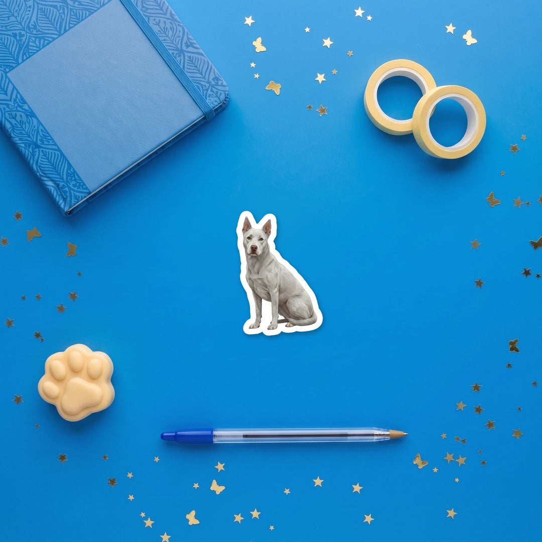 Pitsky Gray watercolor 3 inch sticker flat lay with blue and yellow stationery – Designs by Mysh