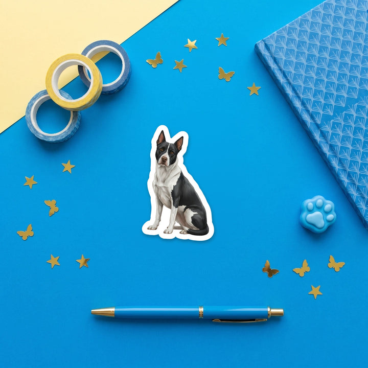 Pitsky Black and White watercolor 3 inch sticker flat lay with blue and yellow stationery – Designs by Mysh