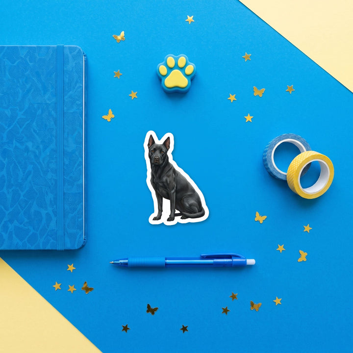 Pitsky Black watercolor 3 inch sticker flat lay with blue and yellow stationery – Designs by Mysh