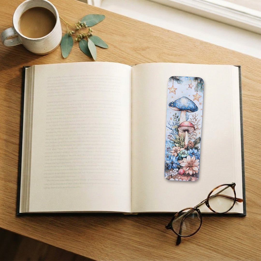 Whimsical Mushroom Forest traditional bookmark on an open book – Designs by Mysh
