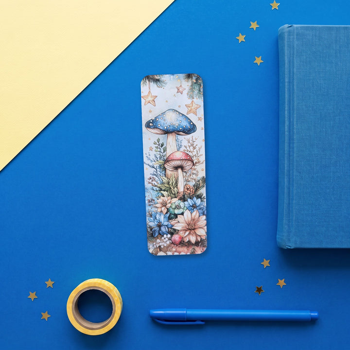 Whimsical Mushroom Forest 2x6 inch bookmark flat lay with blue and yellow stationery – Designs by Mysh