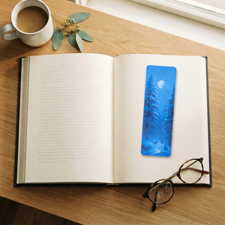Moonlit Winter Forest traditional bookmark on an open book – Designs by Mysh