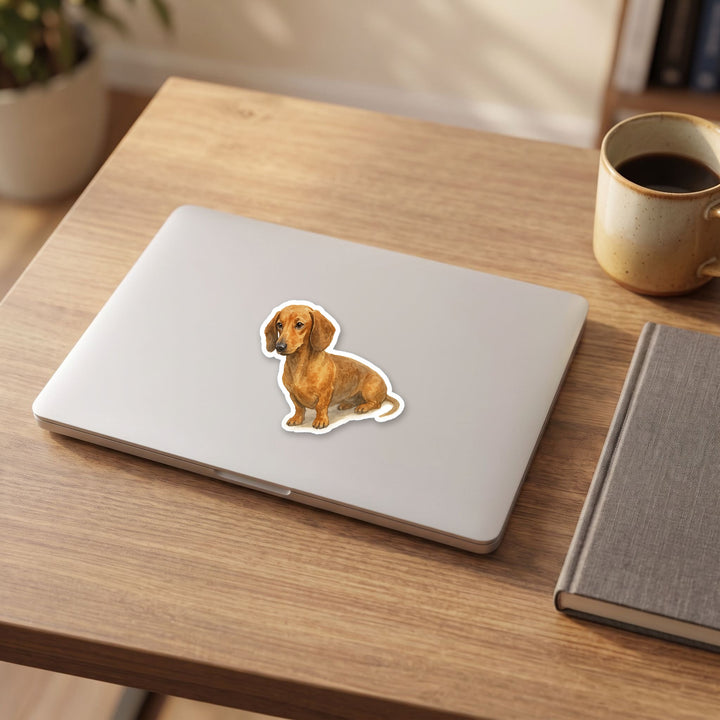 Dachshund Red watercolor vinyl sticker on a laptop lid – Designs by Mysh