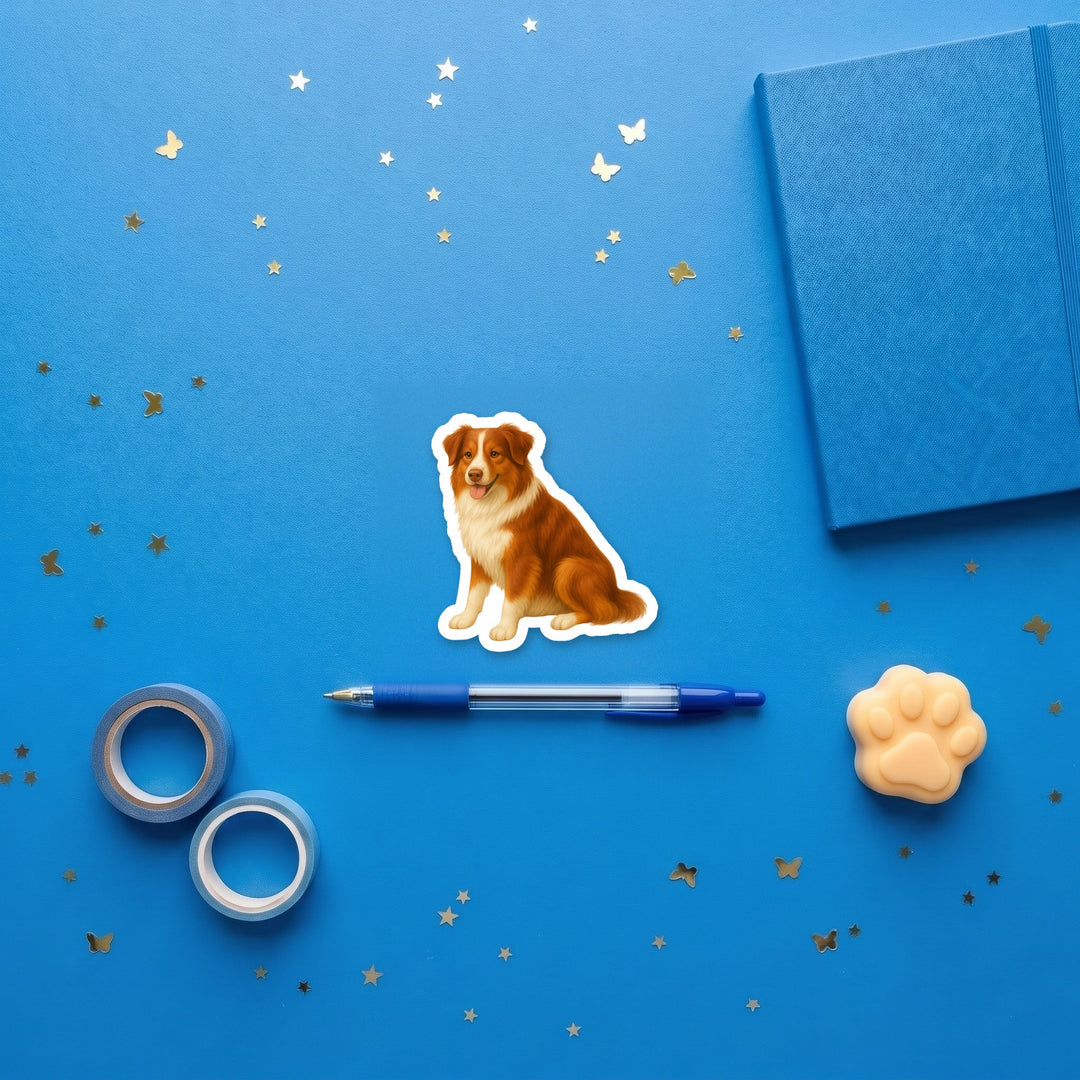 Australian Shepherd Red and White watercolor 3 inch sticker flat lay with blue and yellow stationery – Designs by Mysh