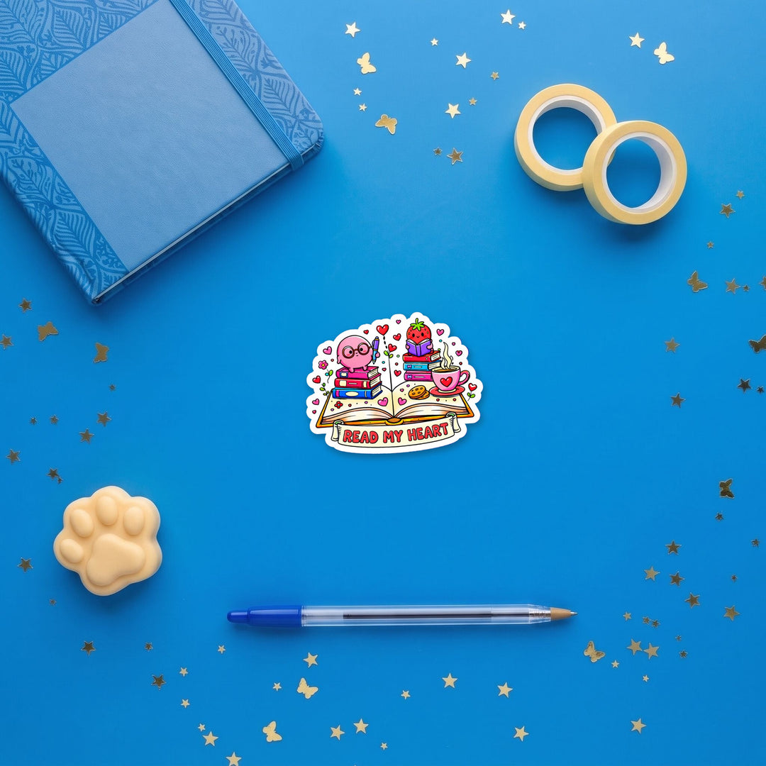 Read My Heart 3 inch sticker flat lay with blue and yellow stationery – Designs by Mysh
