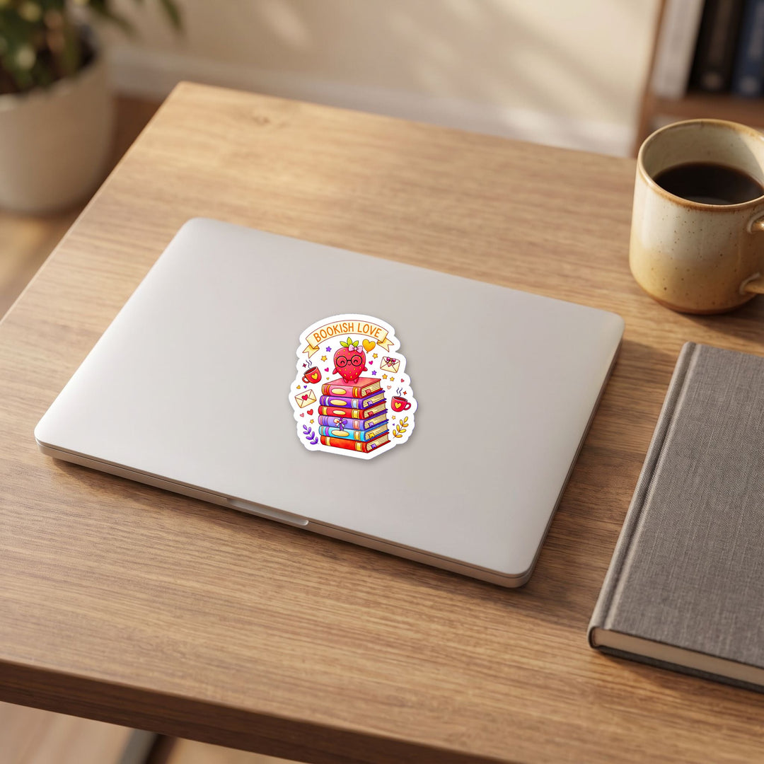 Bookish Love Strawberry Book Stack vinyl sticker on a laptop lid – Designs by Mysh