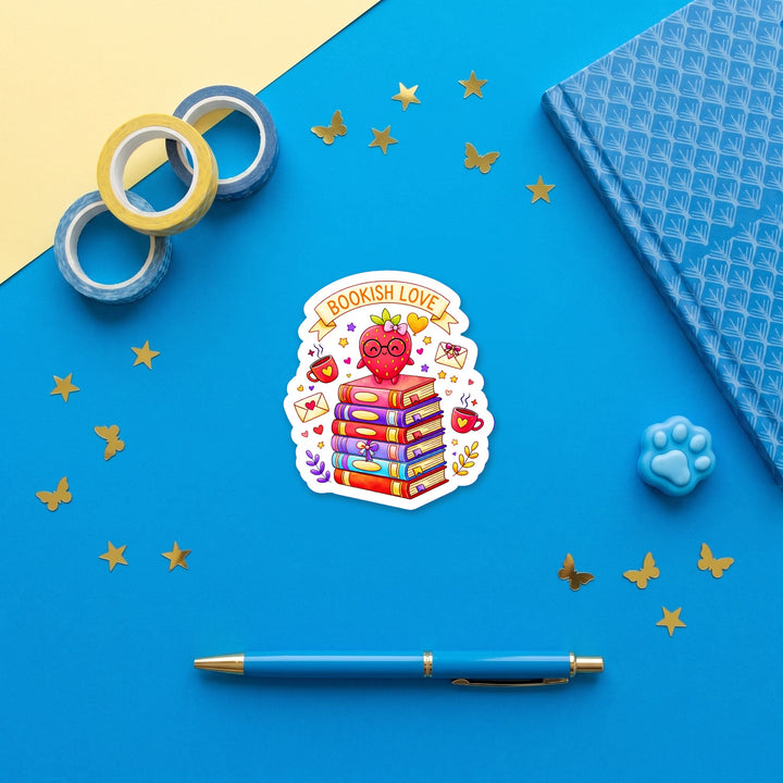 Bookish Love Strawberry Book Stack 3 inch sticker flat lay with blue and yellow stationery – Designs by Mysh