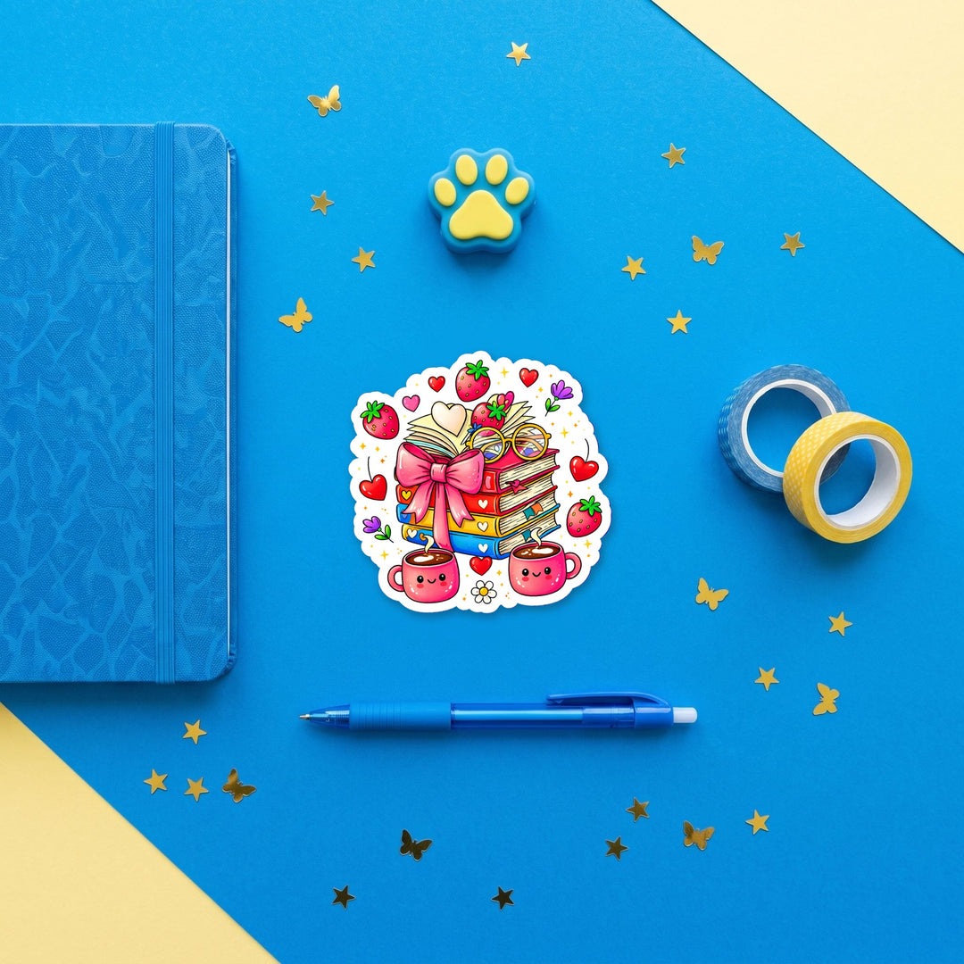 Books and Coffee Strawberry 3 inch sticker flat lay with blue and yellow stationery – Designs by Mysh