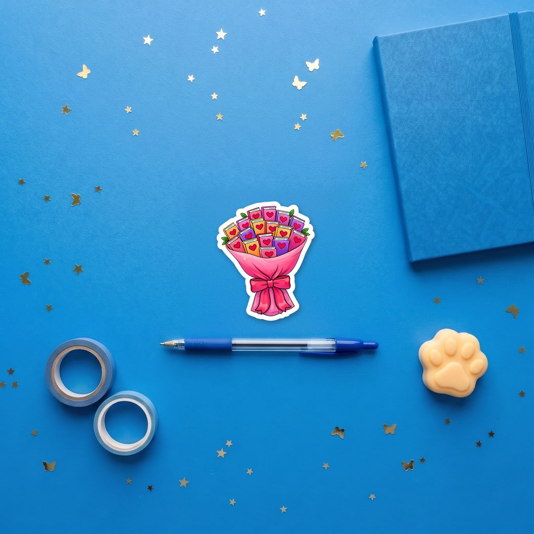 Book Bouquet 3 inch sticker flat lay with blue and yellow stationery – Designs by Mysh