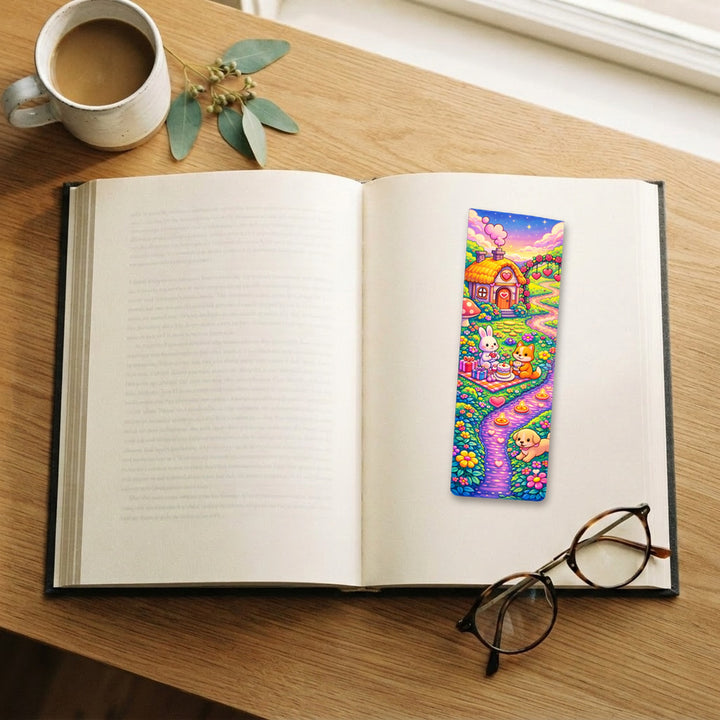 Valentine Cottage Animal Picnic traditional bookmark on an open book – Designs by Mysh