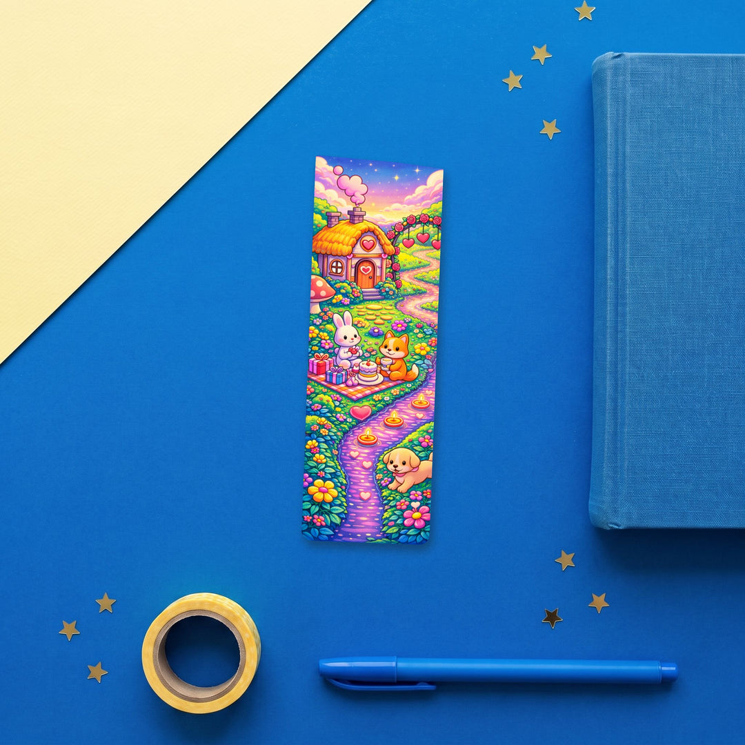 Valentine Cottage Animal Picnic 2x6 inch bookmark flat lay with blue and yellow stationery – Designs by Mysh