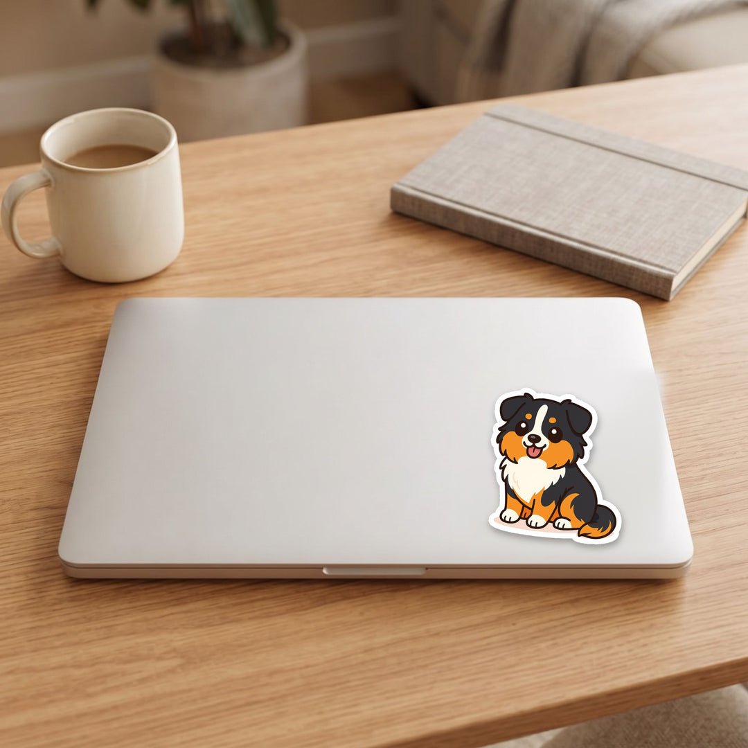 Australian Shepherd Black Tri kawaii vinyl sticker on a laptop lid – Designs by Mysh