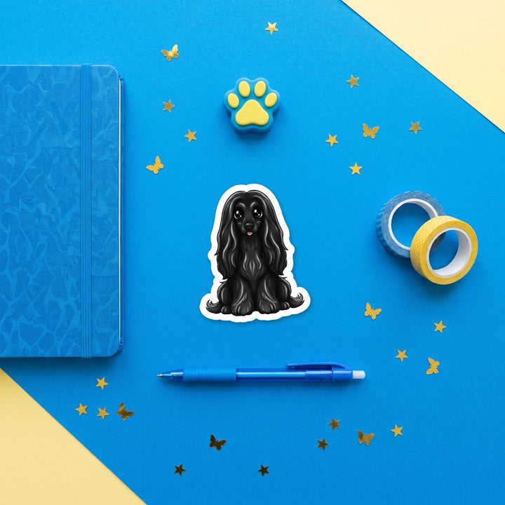 Afghan Hound Black kawaii 3 inch sticker flat lay with blue and yellow stationery – Designs by Mysh