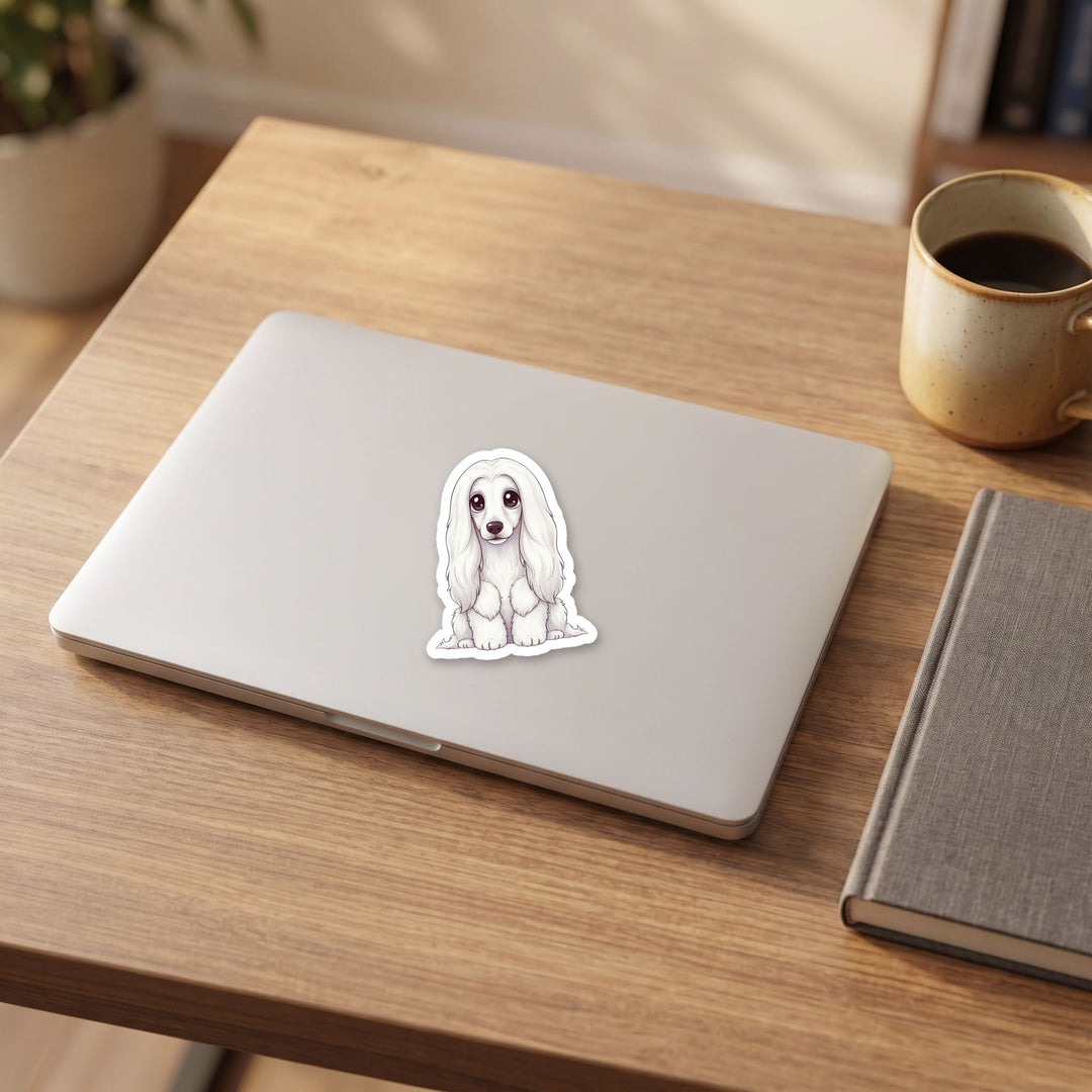 Afghan Hound White kawaii vinyl sticker on a laptop lid – Designs by Mysh