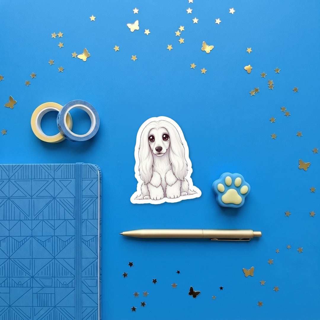 Afghan Hound White kawaii 3 inch sticker flat lay with blue and yellow stationery – Designs by Mysh