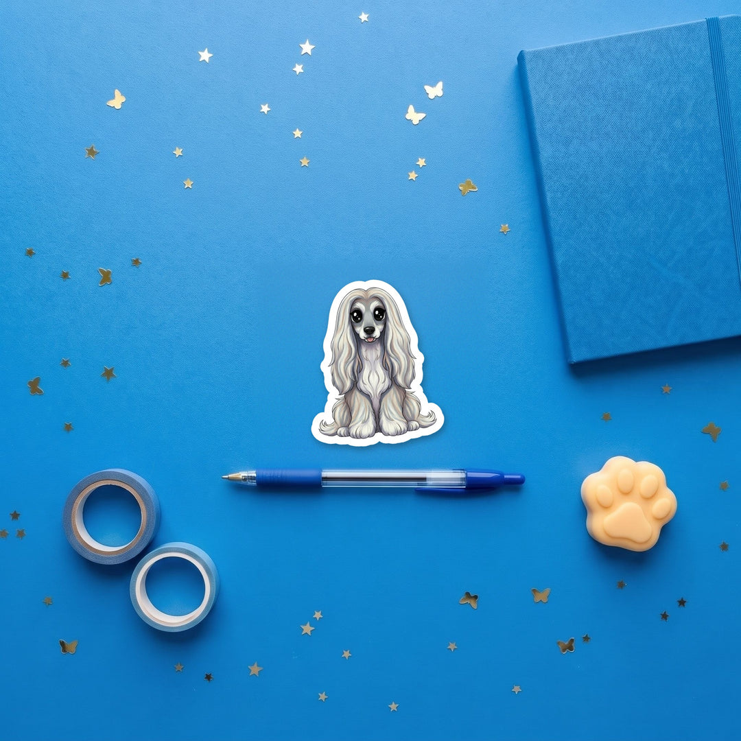 Afghan Hound Silver kawaii 3 inch sticker flat lay with blue and yellow stationery – Designs by Mysh