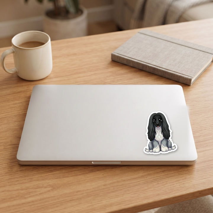 Afghan Hound Black and Silver kawaii vinyl sticker on a laptop lid – Designs by Mysh