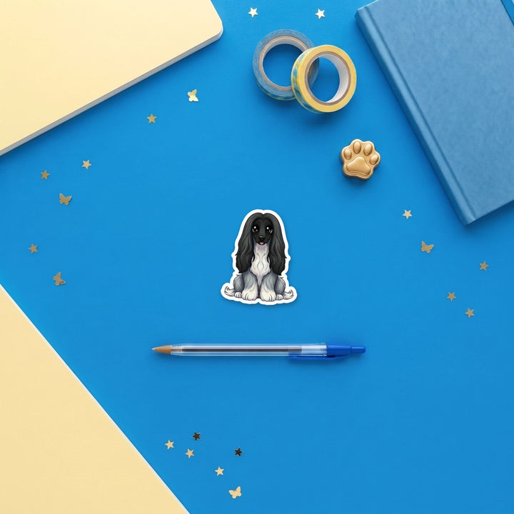 Afghan Hound Black and Silver kawaii 3 inch sticker flat lay with blue and yellow stationery – Designs by Mysh