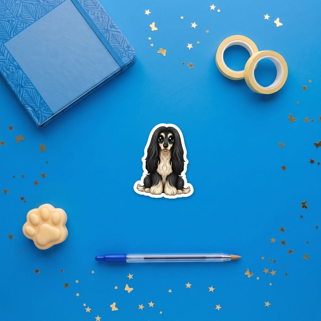 Afghan Hound Black and Tan kawaii 3 inch sticker flat lay with blue and yellow stationery – Designs by Mysh