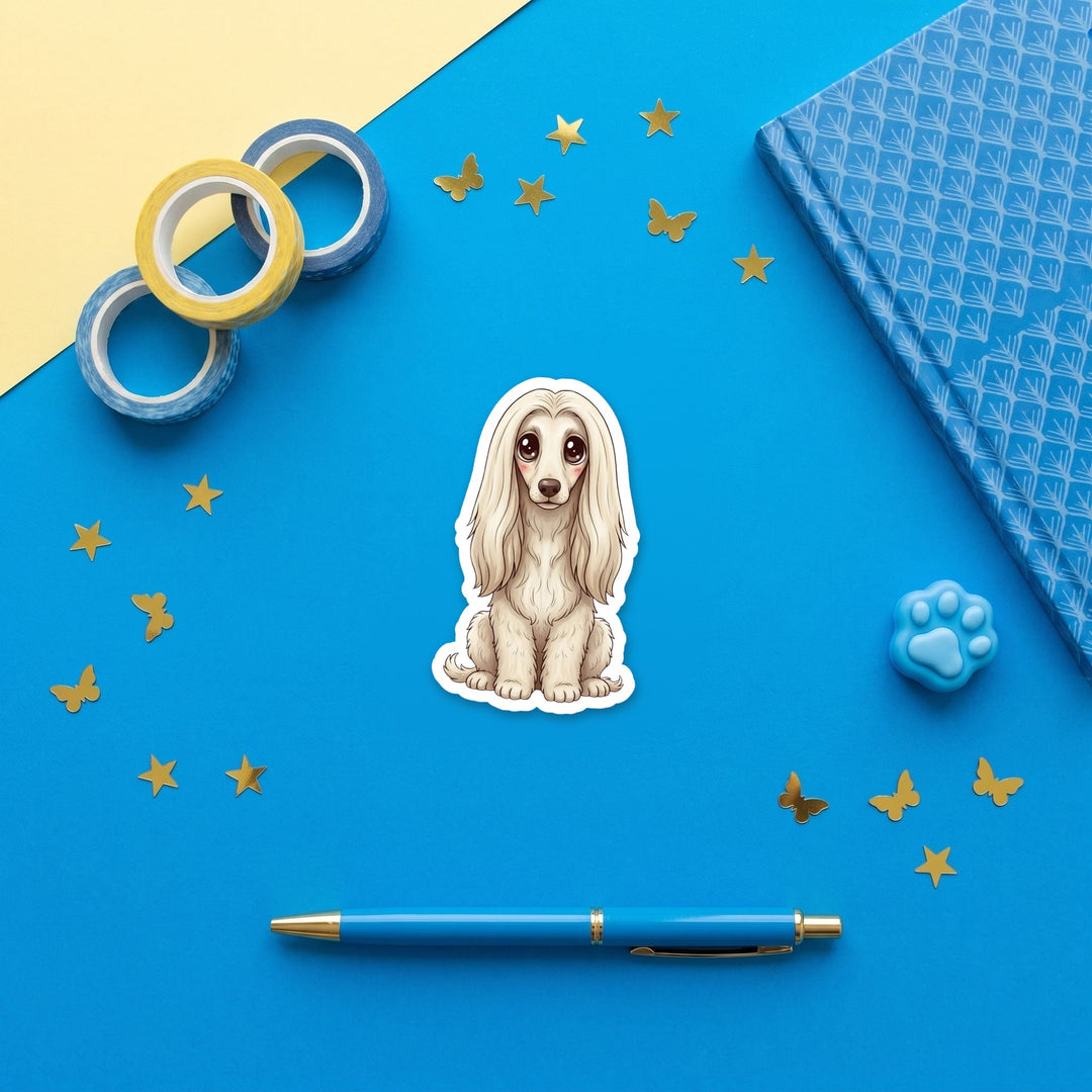 Afghan Hound Cream kawaii 3 inch sticker flat lay with blue and yellow stationery – Designs by Mysh