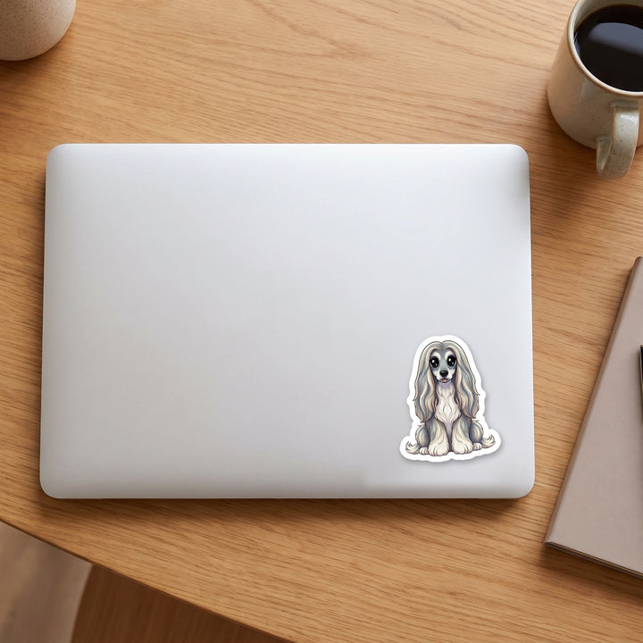 Afghan Hound Grey Blue Cream kawaii vinyl sticker on a laptop lid – Designs by Mysh