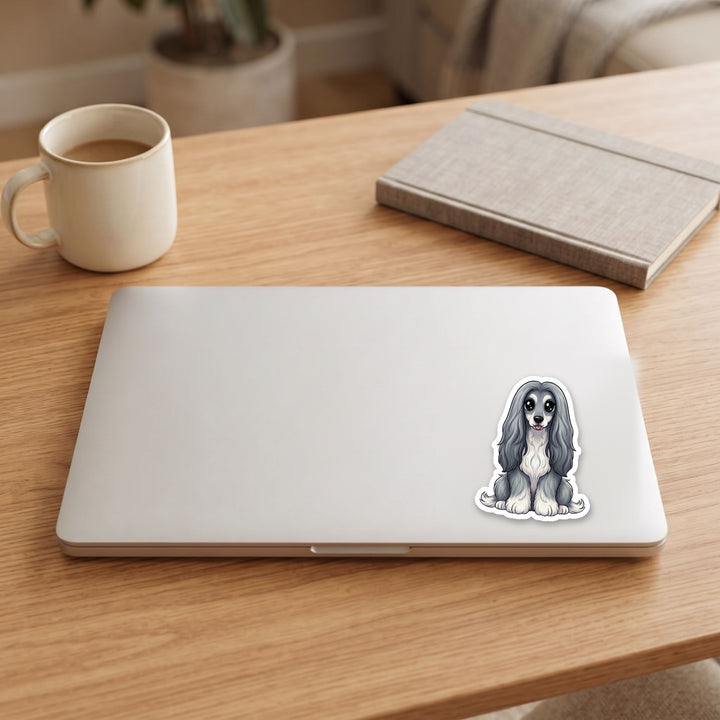 Afghan Hound Grey Blue kawaii vinyl sticker on a laptop lid – Designs by Mysh
