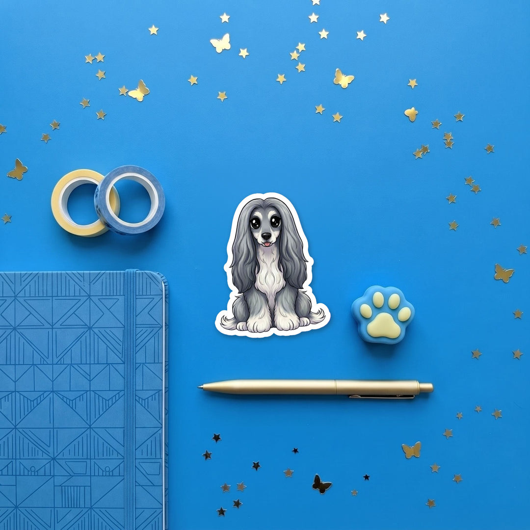 Afghan Hound Grey Blue kawaii 3 inch sticker flat lay with blue and yellow stationery – Designs by Mysh