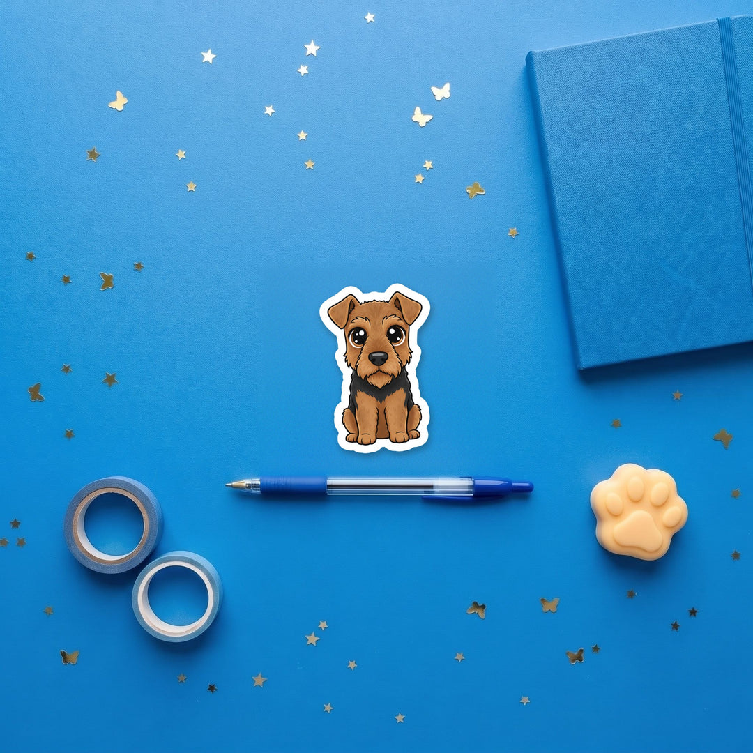 Airedale Terrier Black and Tan kawaii 3 inch sticker flat lay with blue and yellow stationery – Designs by Mysh