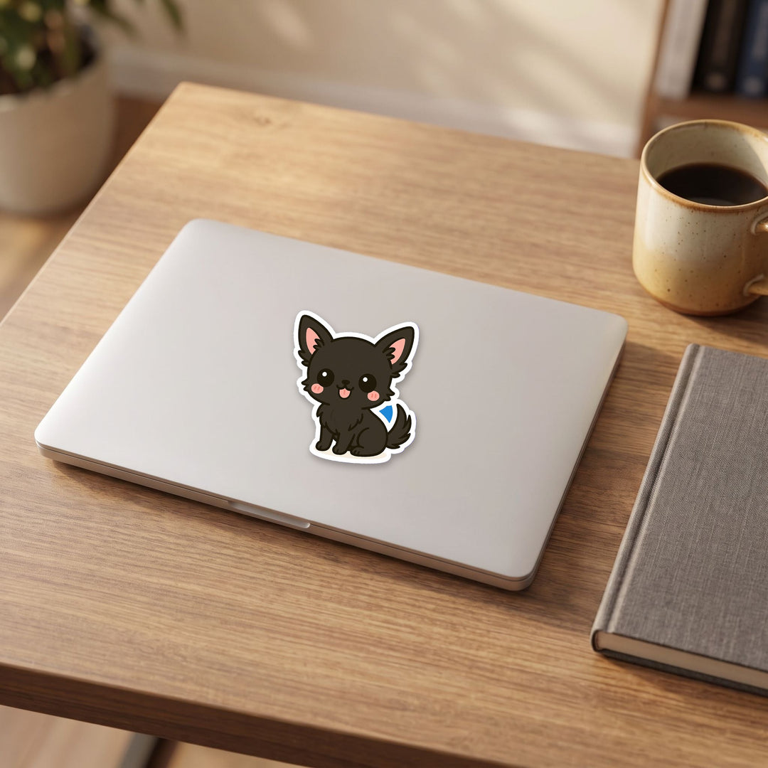 Chihuahua Black kawaii vinyl sticker on a laptop lid – Designs by Mysh
