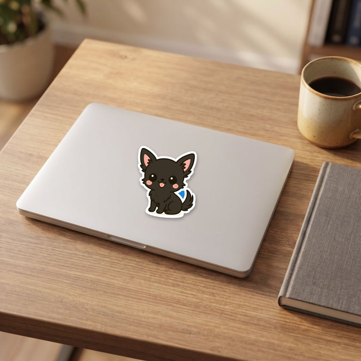 Chihuahua Black kawaii vinyl sticker on a laptop lid – Designs by Mysh