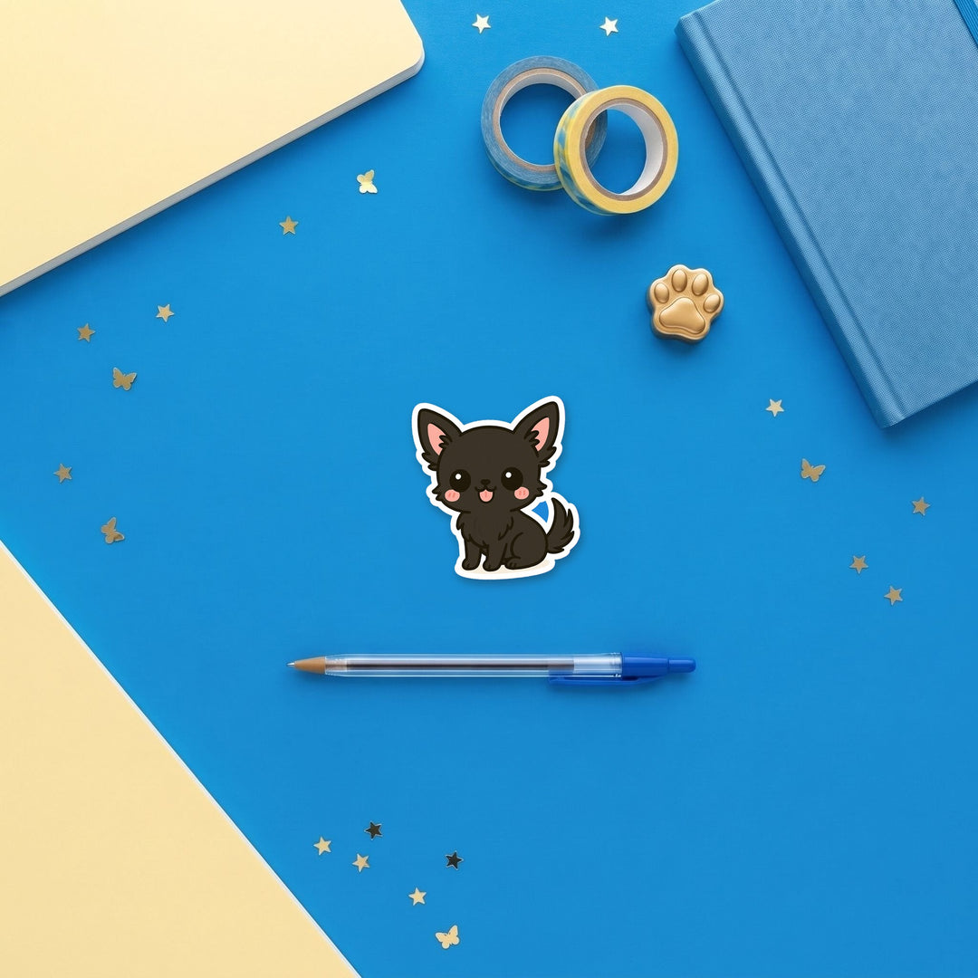 Chihuahua Black kawaii 3 inch sticker flat lay with blue and yellow stationery – Designs by Mysh