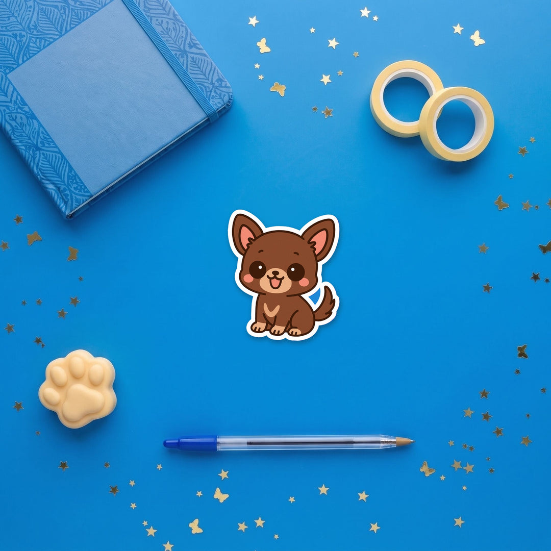 Chihuahua Chocolate kawaii 3 inch sticker flat lay with blue and yellow stationery – Designs by Mysh
