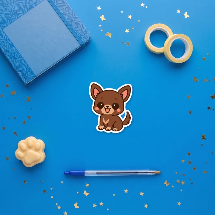 Chihuahua Chocolate kawaii 3 inch sticker flat lay with blue and yellow stationery – Designs by Mysh