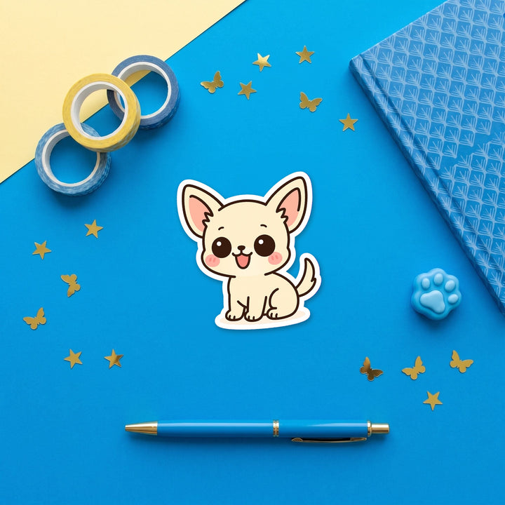 Chihuahua Cream kawaii 3 inch sticker flat lay with blue and yellow stationery – Designs by Mysh
