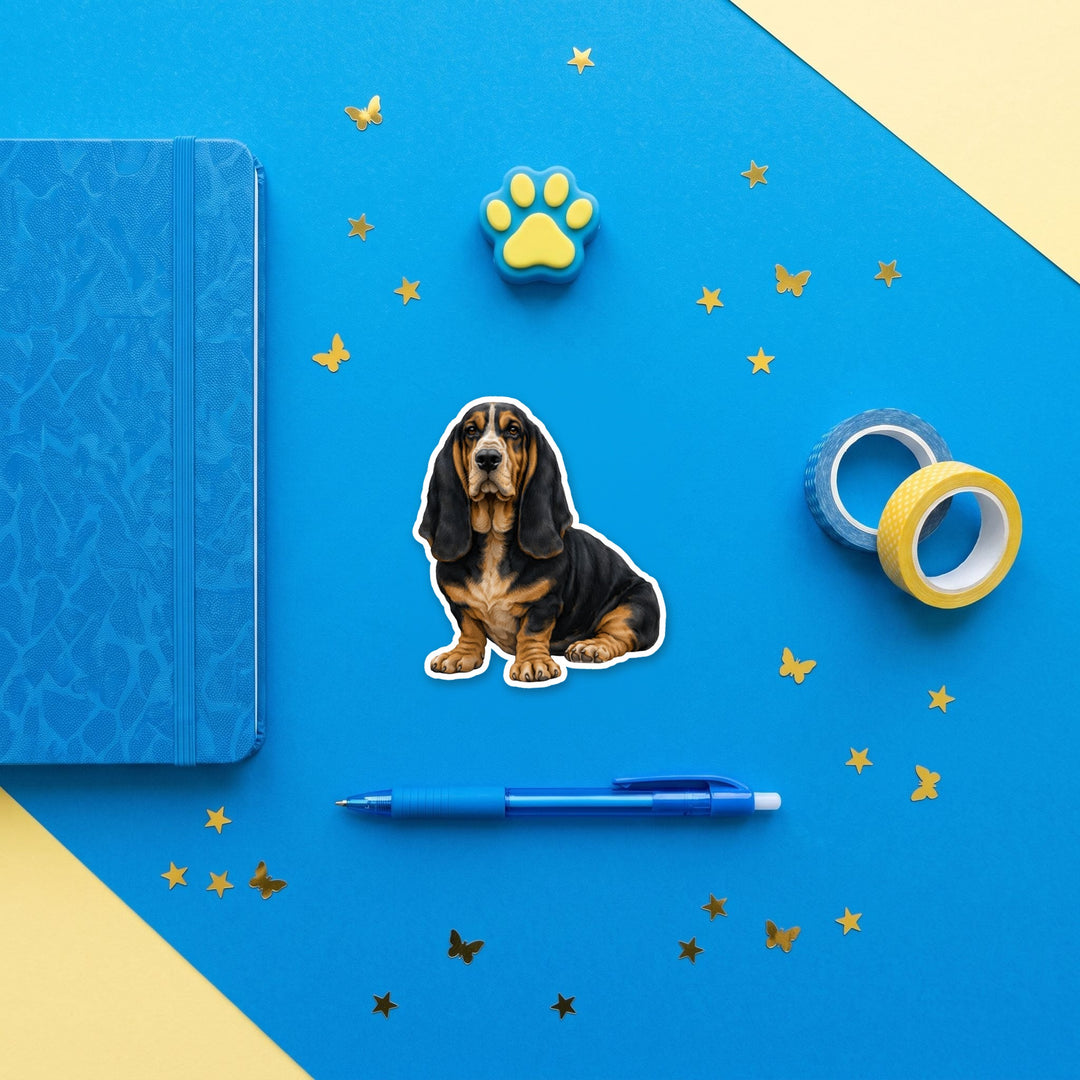 Basset Hound Black and Tan watercolor 3 inch sticker flat lay with blue and yellow stationery – Designs by Mysh