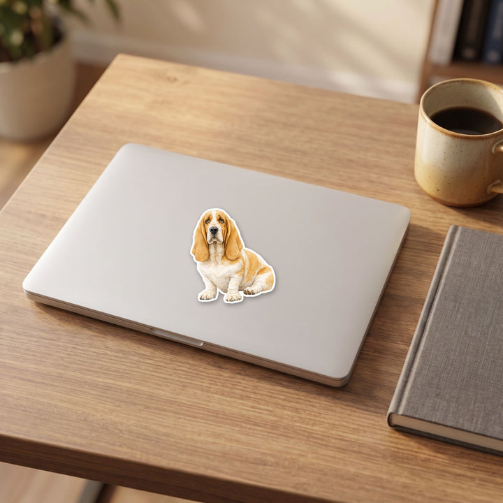 Basset Hound Lemon and White watercolor vinyl sticker on a laptop lid – Designs by Mysh