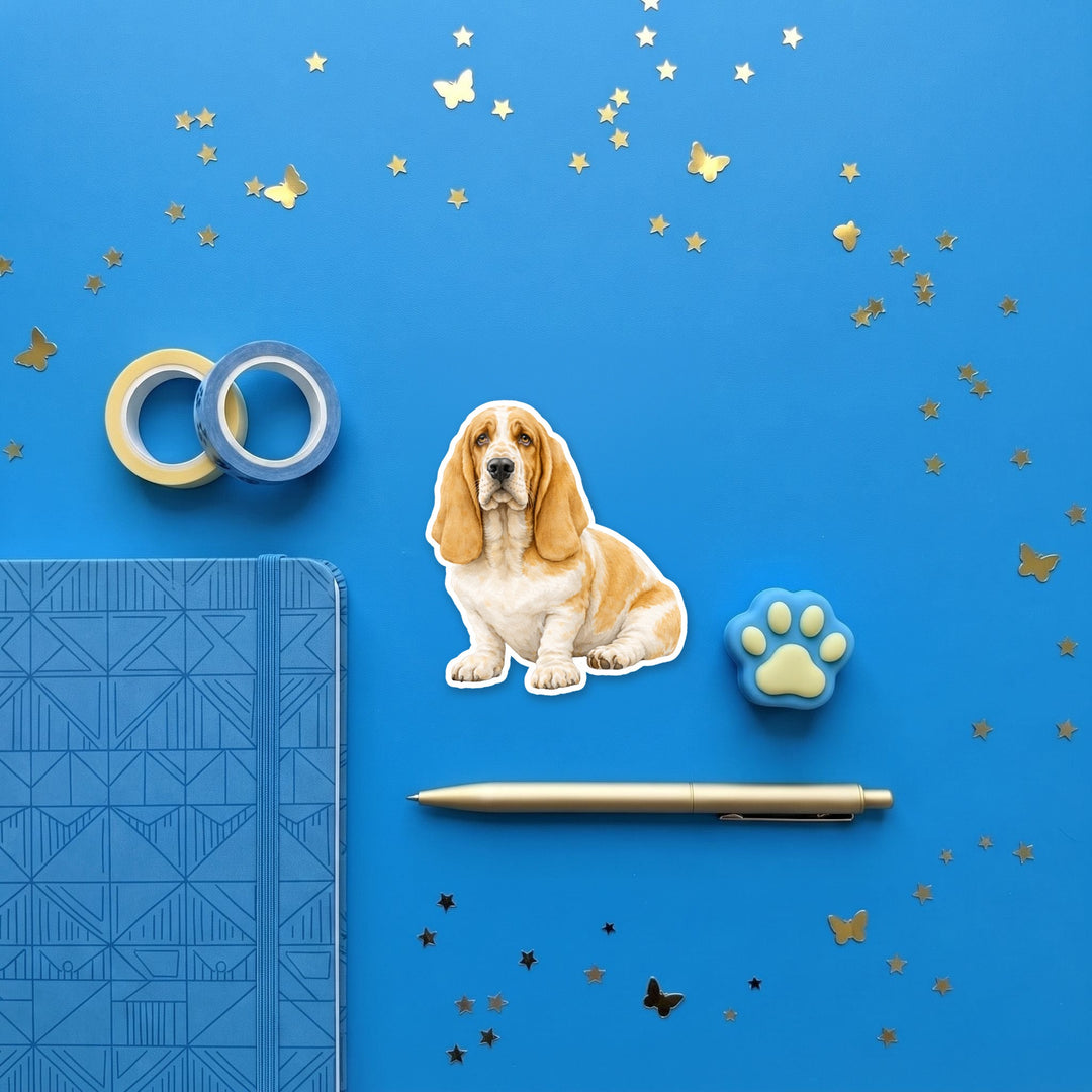 Basset Hound Lemon and White watercolor 3 inch sticker flat lay with blue and yellow stationery – Designs by Mysh
