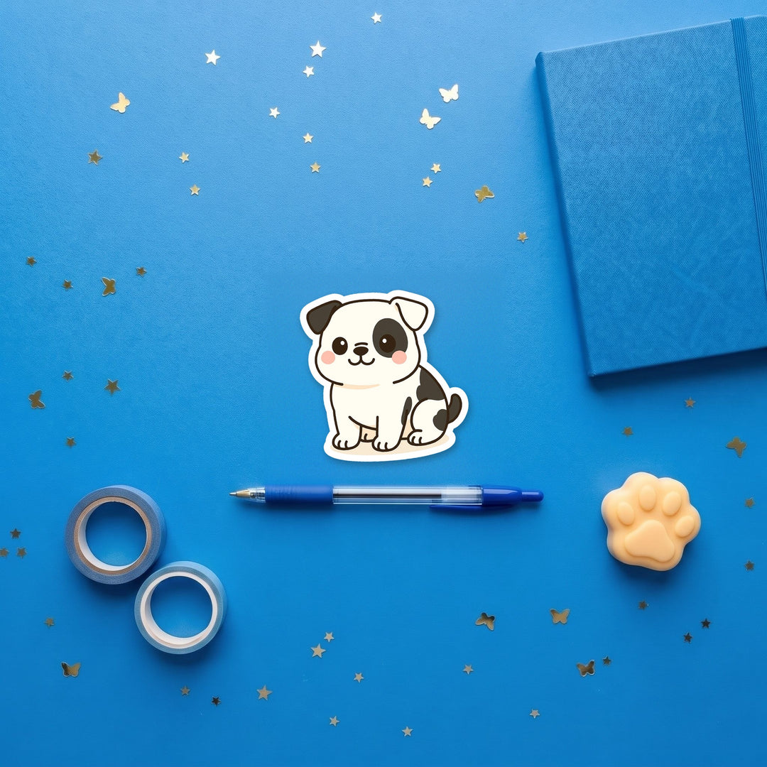 American Bulldog White with Black Markings kawaii 3 inch sticker flat lay with blue and yellow stationery – Designs by Mysh