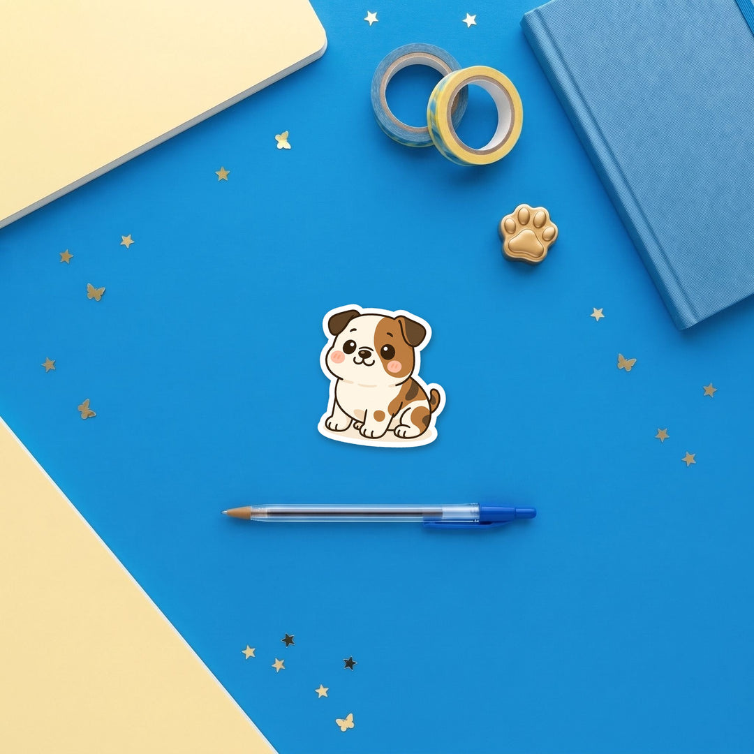 American Bulldog White with Brindle Markings kawaii 3 inch sticker flat lay with blue and yellow stationery – Designs by Mysh